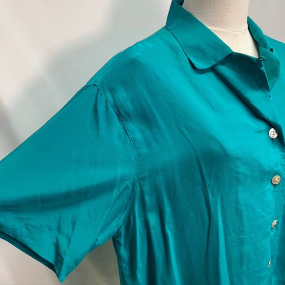 Vintage 80's Casual Corner 100% Silk Teal Button Up Short Sleeve blouse Womens M - Picture 4 of 16